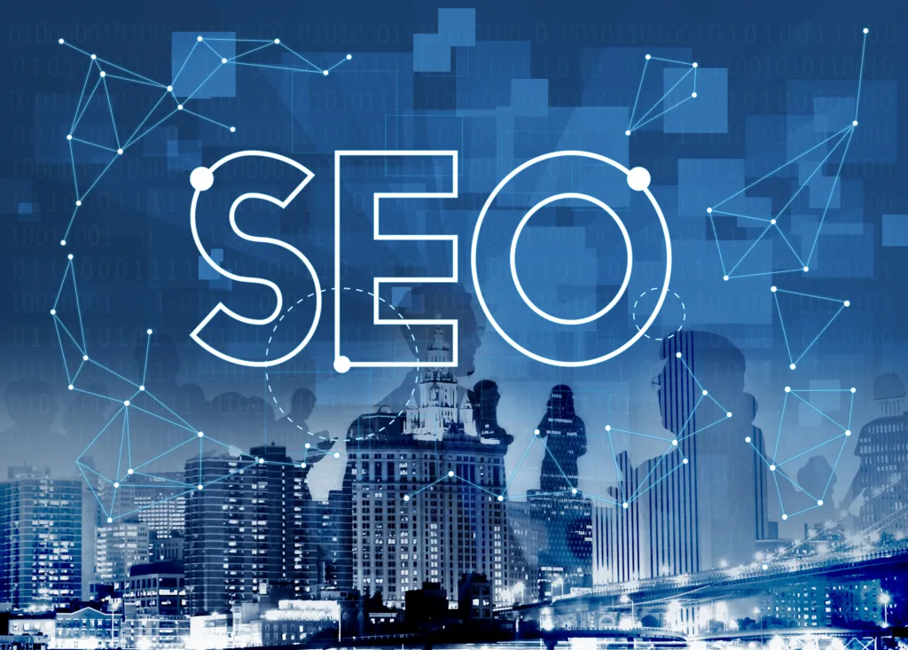 "SEO" blazes across rooftops, casting a spotlight on digital dominance. Climb the search engine ladder and conquer your online goals